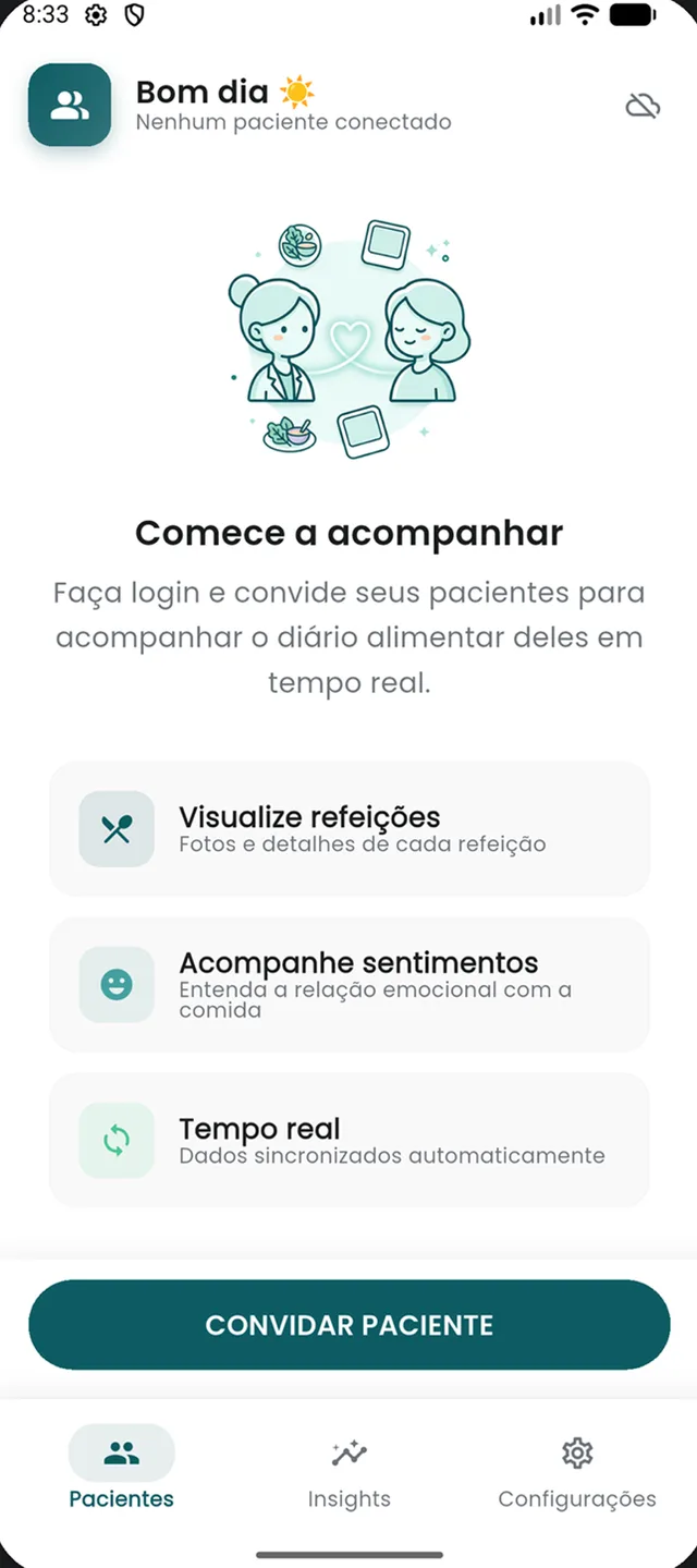 Tela inicial do app YummyLog Clínicos com lista de funcionalidades para acompanhar pacientes