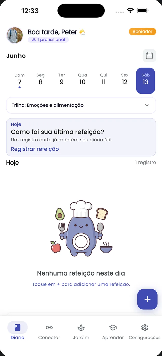 Tela do diário do app Yummy Log com calendário semanal e registro de refeições